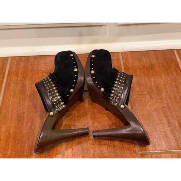 Isabella Fiore Black Suede Fringe Studded Wooden Heels Women’s Size 8 - Picture 10 of 14